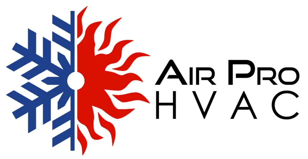 Logo for Air Pro HVAC featuring a blue snowflake and red sun design, symbolizing heating and cooling, with the company name in black text to the right—perfect for promoting commercial air con repairs or air conditioner repairing service.