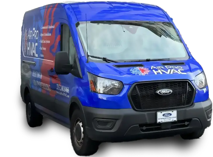 A blue Ford van with Air Pro HVAC branding, showcasing its air conditioner repairing service and contact information on the side and front.