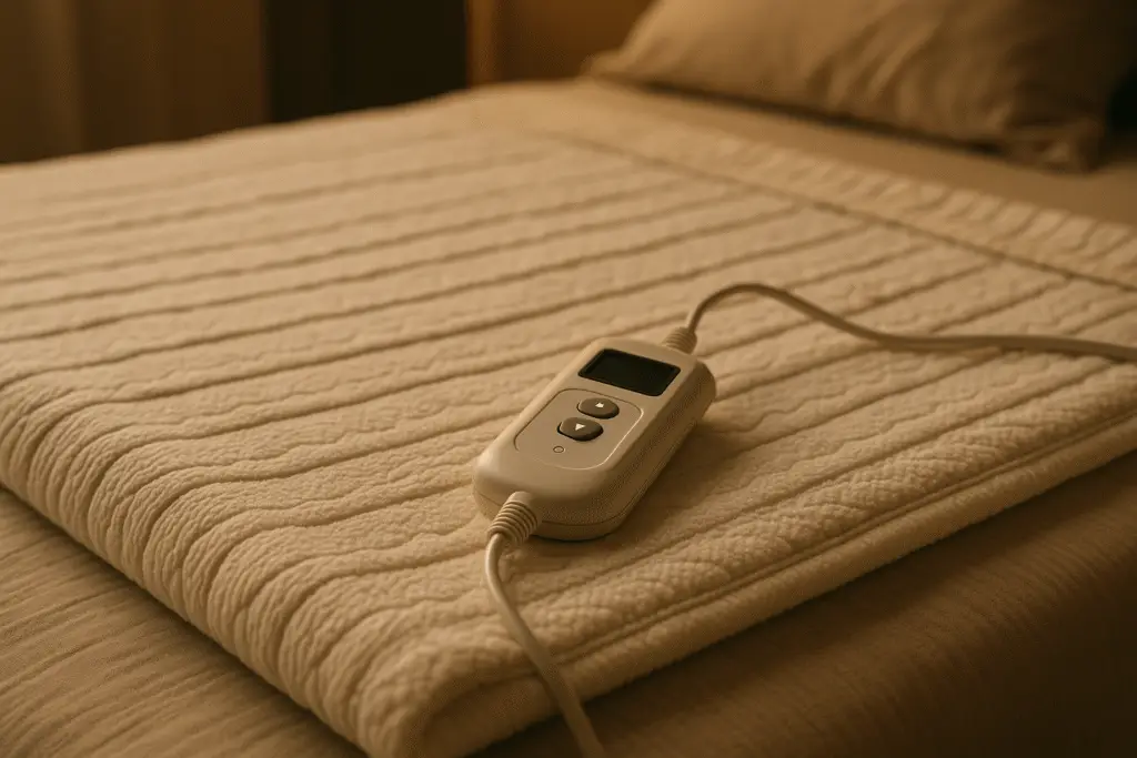 A heated blanket with a wired remote control rests on a made bed with pillows in soft, warm lighting, perfect for comfort while waiting for a commercial air con repairs specialist near me.