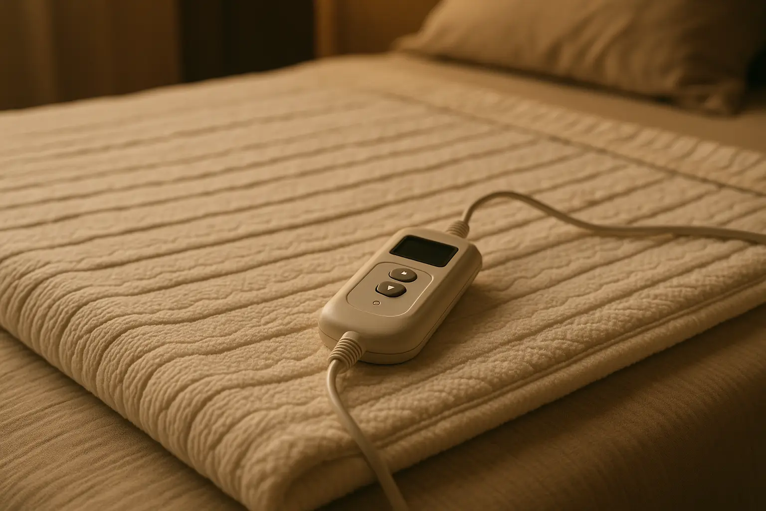 A heated blanket with a wired remote control rests on a made bed with pillows in soft, warm lighting, perfect for comfort while waiting for a commercial air con repairs specialist near me.