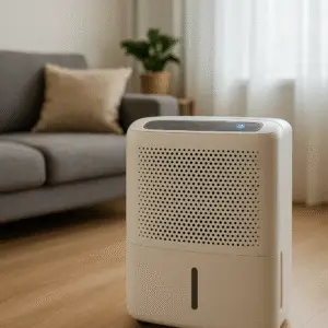 A white dehumidifier sits on a wooden floor in a living room with a gray sofa, beige pillow, and a potted plant—perfect for those seeking air conditioner repairing service or expert advice on servicing air conditioning at home.
