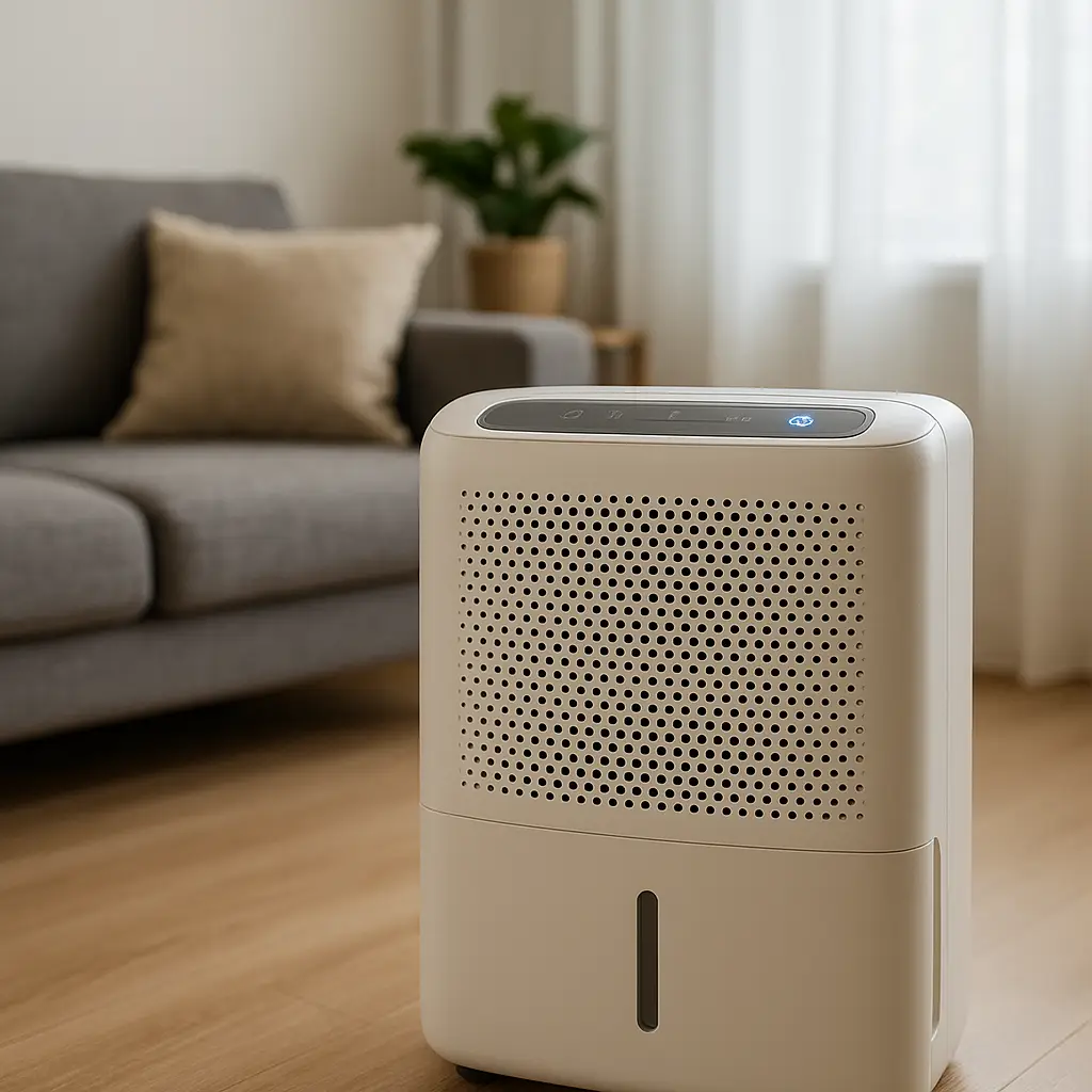 A white dehumidifier sits on a wooden floor in a living room with a gray sofa, beige pillow, and a potted plant—perfect for those seeking air conditioner repairing service or expert advice on servicing air conditioning at home.