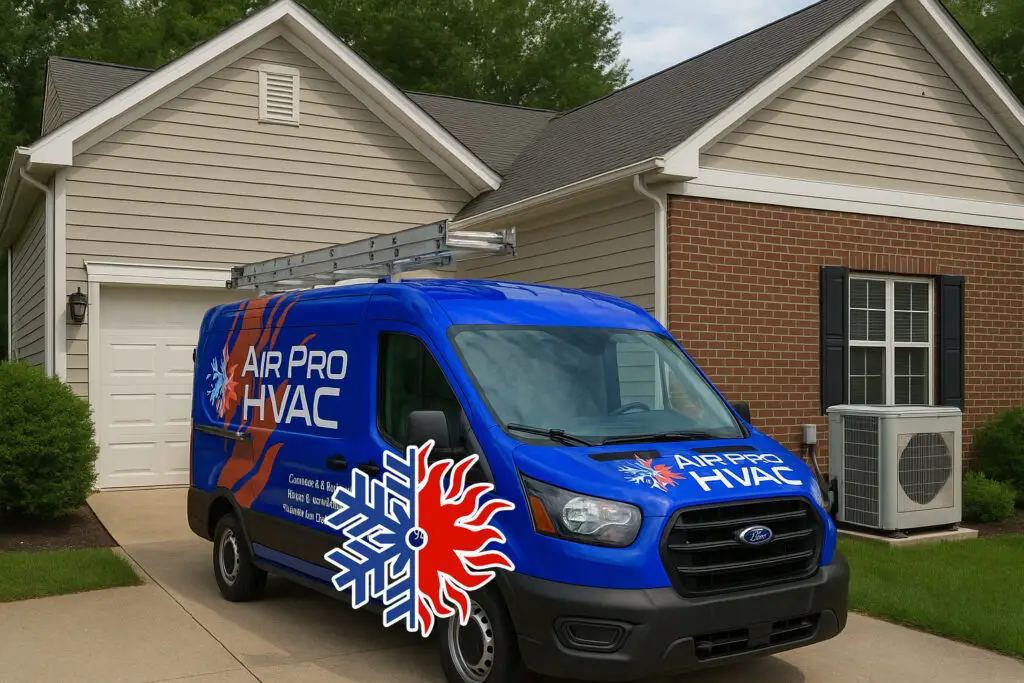 A blue Air Pro HVAC service van is parked in the driveway of a suburban house, where an air conditioning repairman is servicing air conditioning beside the building’s outdoor unit.