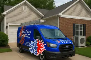 A blue Air Pro HVAC service van is parked in the driveway of a suburban house, where an air conditioning repairman is servicing air conditioning beside the building’s outdoor unit.