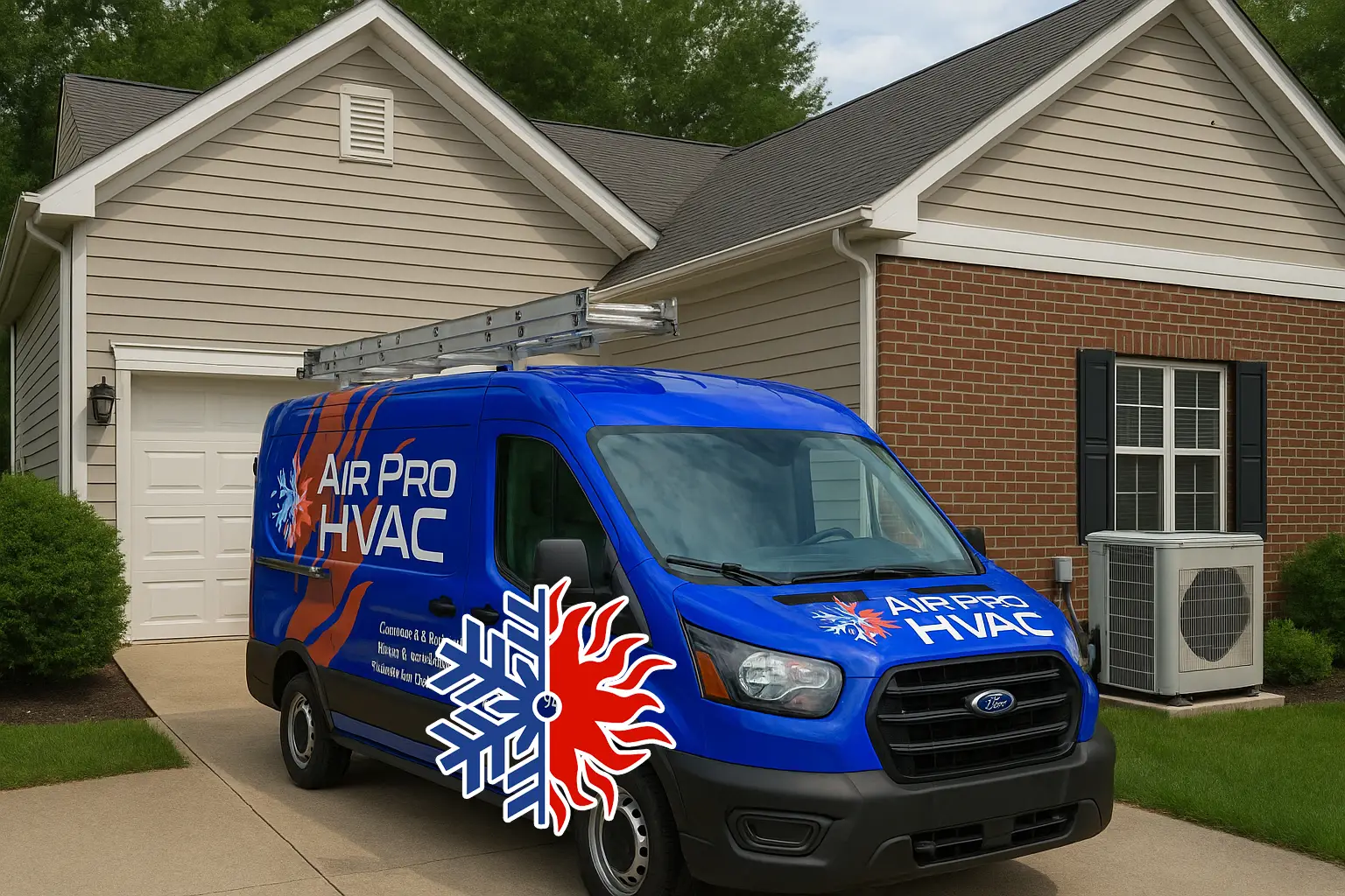 A blue Air Pro HVAC service van is parked in the driveway of a suburban house, where an air conditioning repairman is servicing air conditioning beside the building’s outdoor unit.