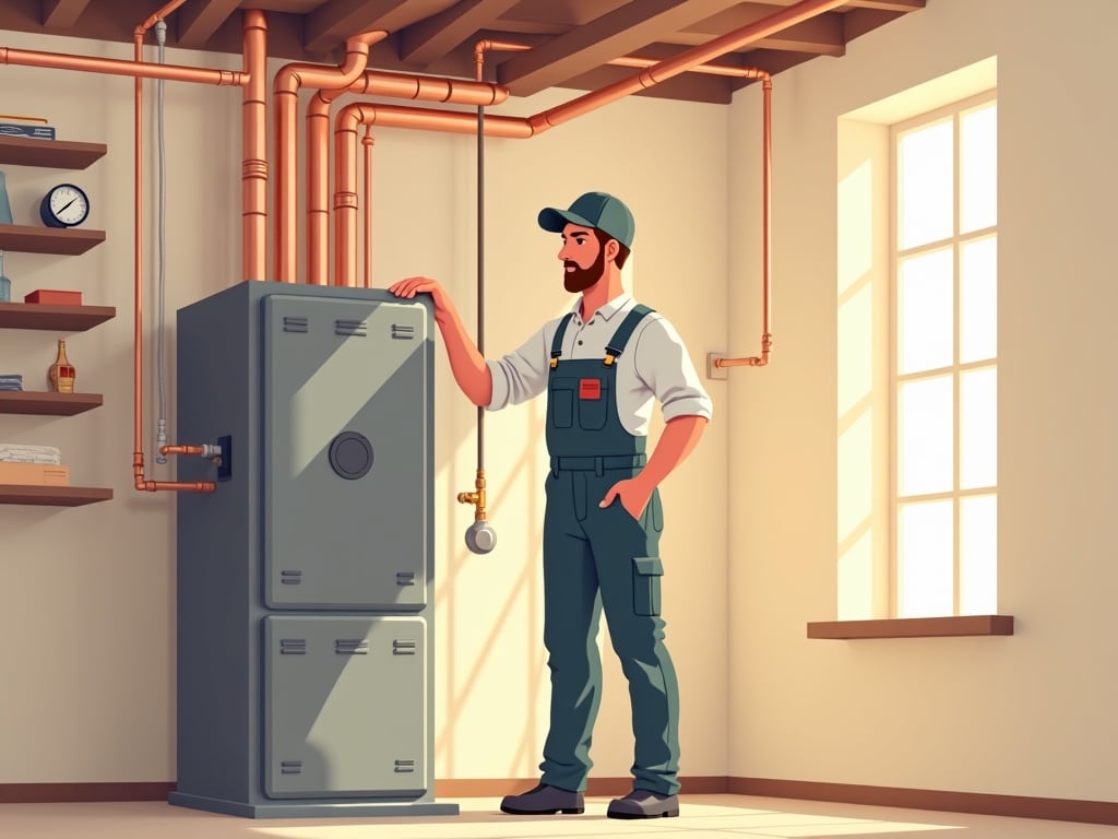 A local hvac company technician checking refrigerant gauges on a high-efficiency furnace during a scheduled seasonal maintenance visit in a Delaware County home