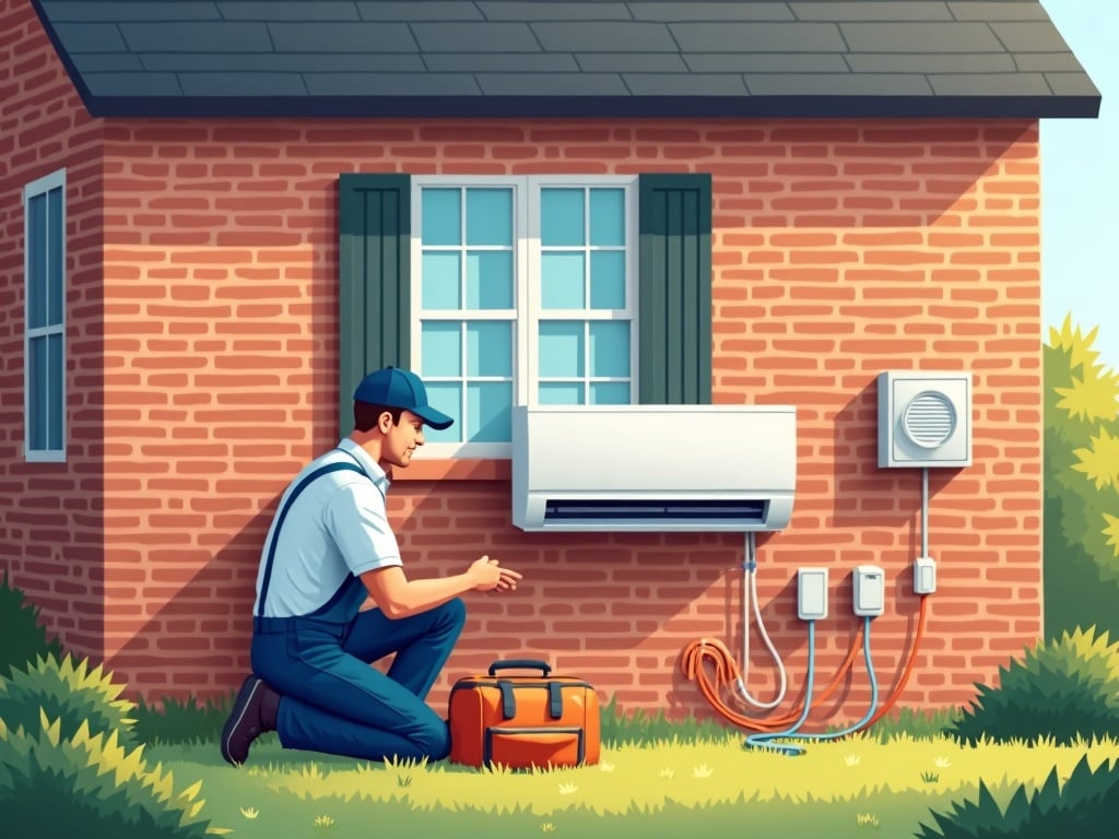 A technician connecting refrigerant lines during a ductless mini-split sales and service installation on a suburban Philadelphia home