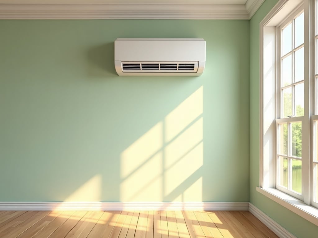 A sleek indoor air handler installed as part of a ductless mini-split sales and service project inside a well-lit suburban home living room