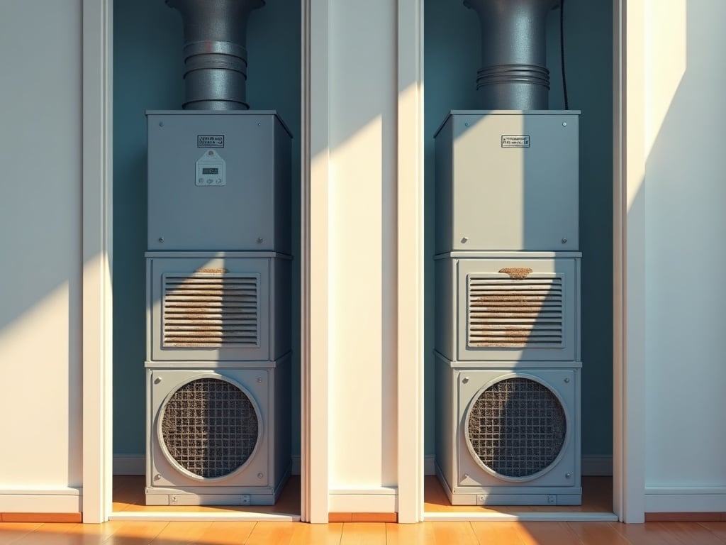 Side-by-side comparison of a dirty HVAC evaporator coil and a clean coil maintained by a UV light air purifier system in a suburban Philadelphia home