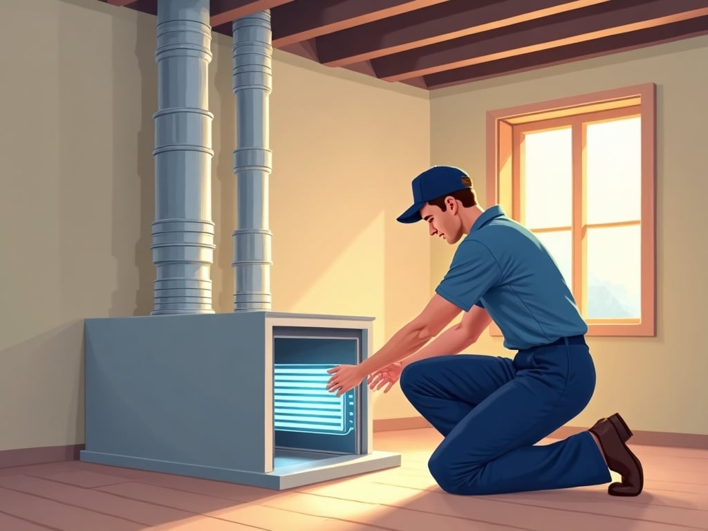 A licensed HVAC technician installing a UV light air purifier into the ductwork of a residential home in the greater Philadelphia area