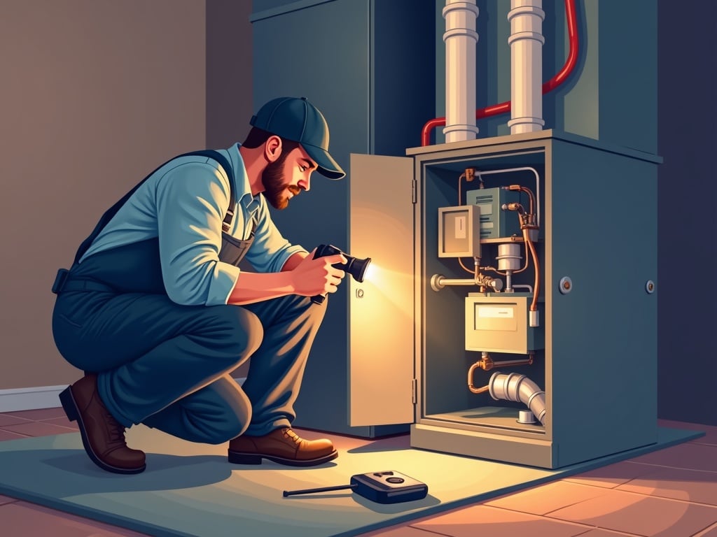 HVAC Tune-Up & Maintenance A professional conducting an HVAC tune-up and maintenance inspection on a residential furnace in a Delaware County home basement