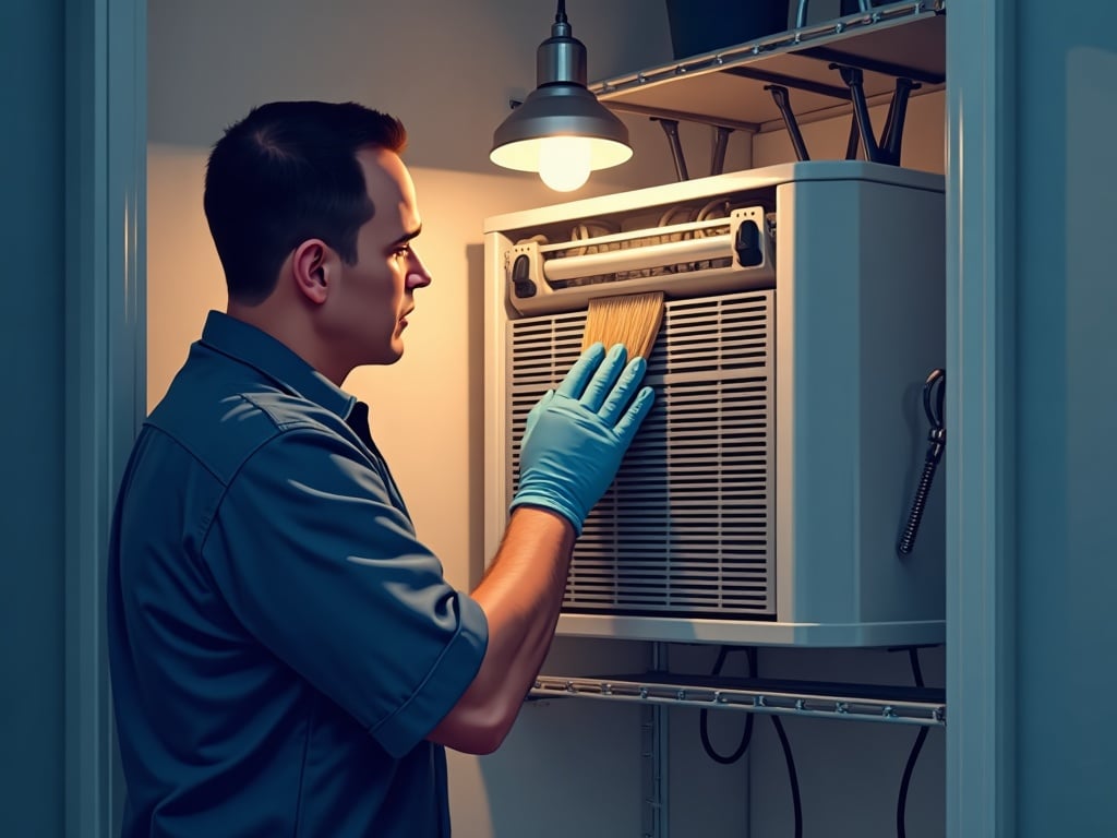HVAC Tune-Up & Maintenance A technician performing HVAC tune-up and maintenance coil cleaning on an indoor air handler unit in a Greater Philadelphia suburban home