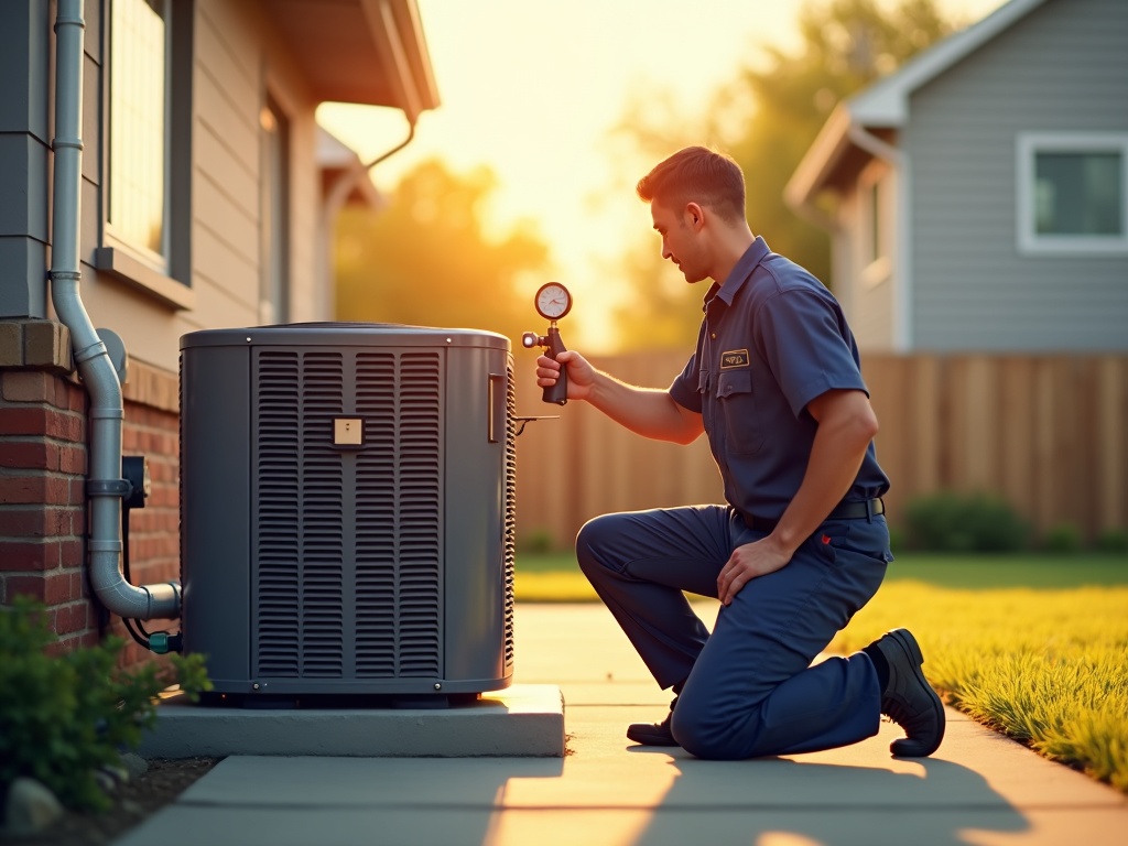 A professional technician performing a scheduled HVAC service plan inspection on a residential air conditioning unit outside a Philadelphia-area home