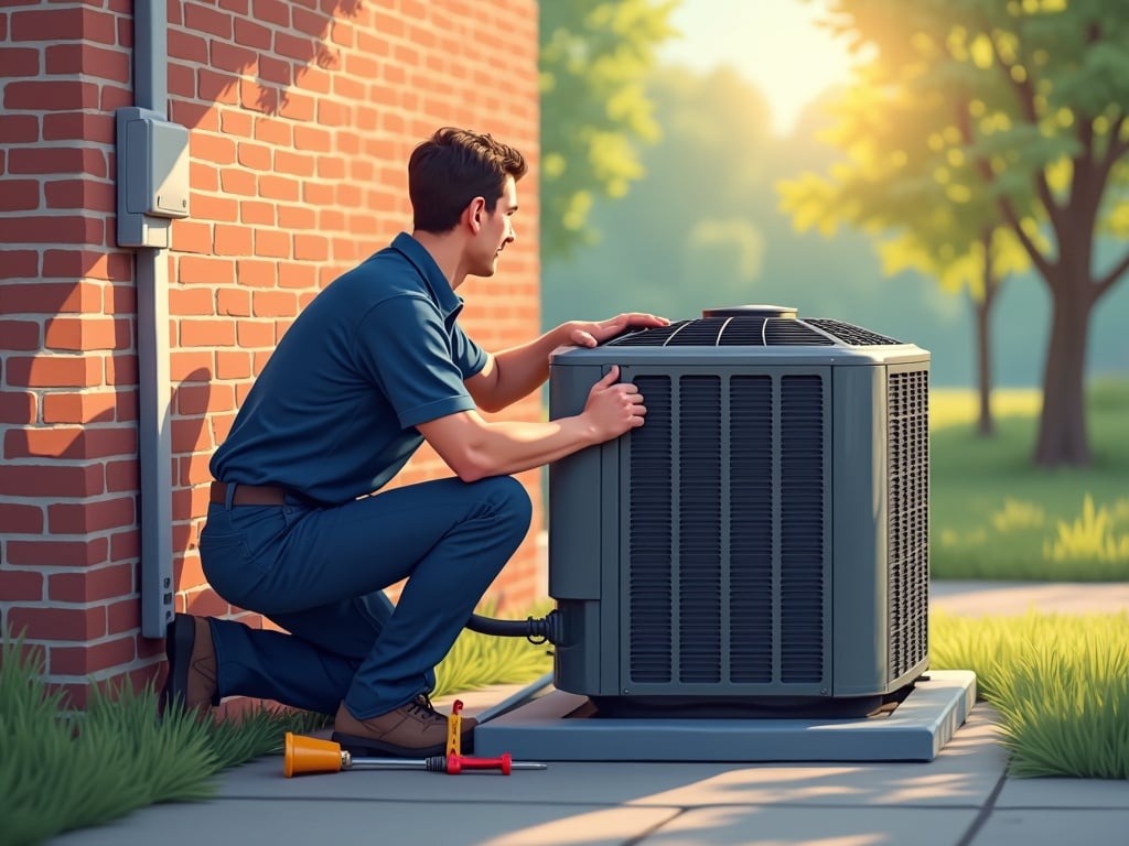 A licensed technician performing a professional heat pump sales and service tune-up at a Delaware County residential property