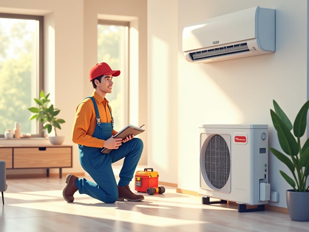 A technician performing heating system sales and service work on a ductless mini-split in a Main Line home addition