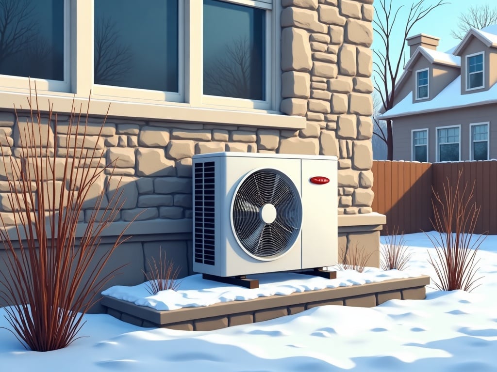 An outdoor heat pump unit installed as part of a heating system sales and service project outside a stone colonial home in Chester County