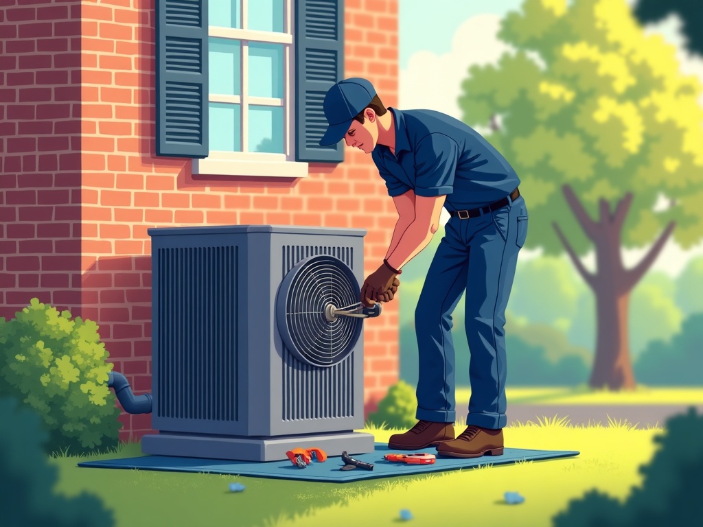 5 Things Included in a Professional AC Tune-Up (And Why Each One Matters) A certified HVAC technician inspecting a central air conditioning condenser coil during an ac tuneup near me service call at a brick colonial home