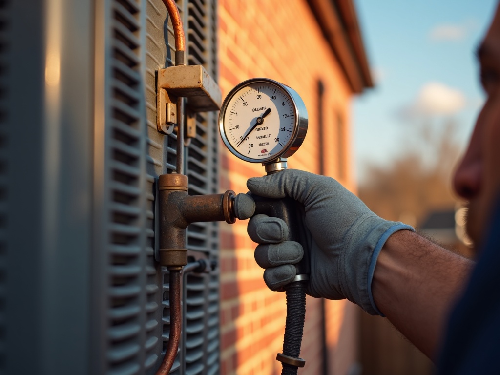 A certified HVAC technician inspecting a central air conditioning condenser coil during an ac tuneup near me service call at a brick colonial home
