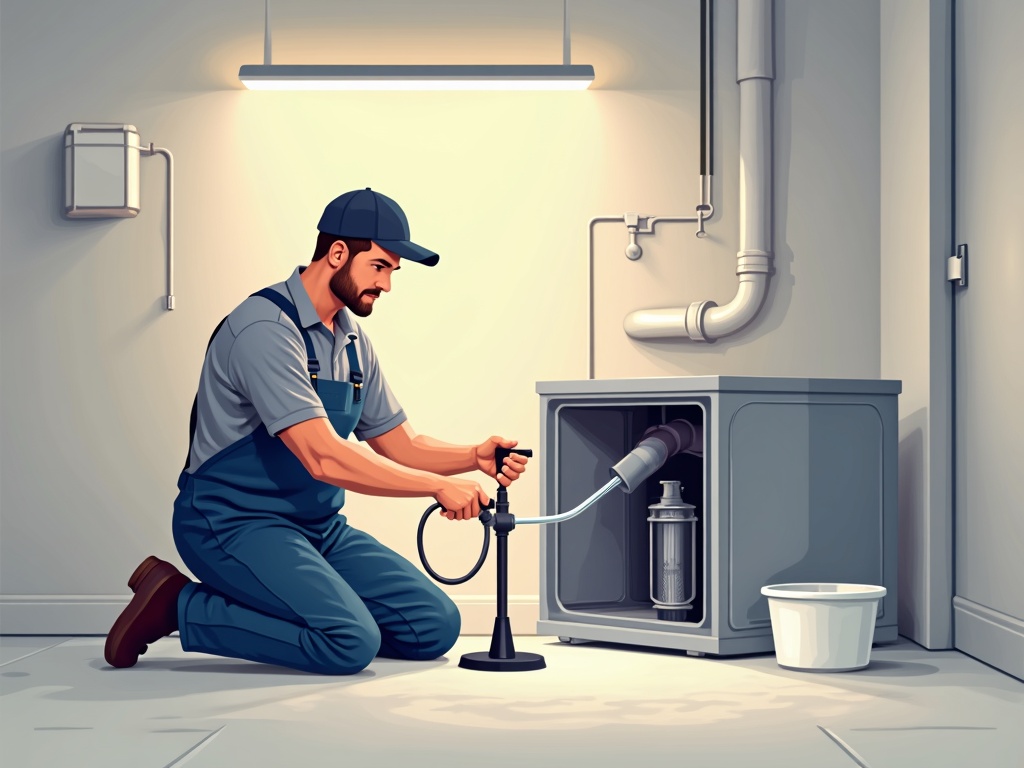 A certified HVAC technician inspecting a central air conditioning condenser coil during an ac tuneup near me service call at a brick colonial home
