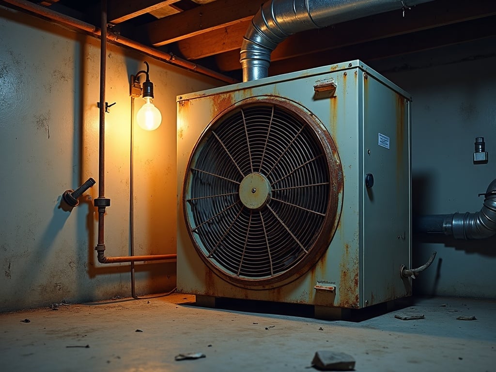 An hvac installer evaluating a crawlspace air handler unit showing signs of moisture damage and rust in a Delaware County home