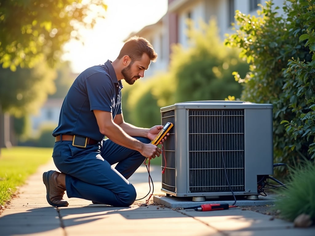 An HVAC technician performing emergency air conditioning repair near me service on a residential AC condenser unit beside a brick Colonial home on a sunny summer afternoon.