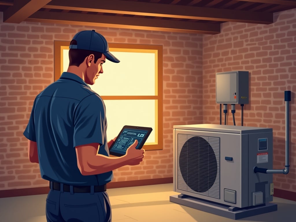 An HVAC technician performing emergency air conditioning repair near me service on a residential AC condenser unit beside a brick Colonial home on a sunny summer afternoon.