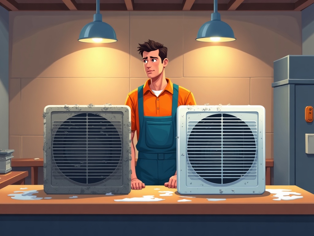 An HVAC technician performing a professional air conditioning cleaning service on a residential evaporator coil in a finished basement.