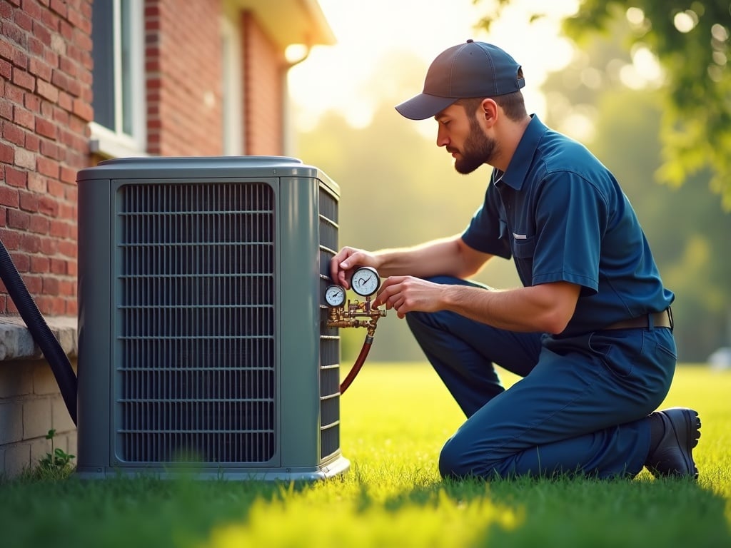 HVAC technician inspecting an outdoor AC condenser unit during an ac repair philadelphia pa service call beside a brick colonial home on a sunny afternoon