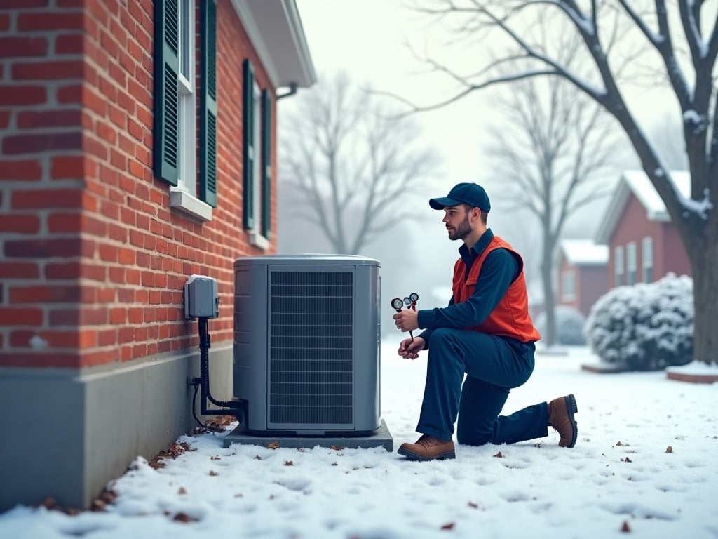 An HVAC technician performing heat pump repair near me on an outdoor unit beside a brick suburban home on a cold winter morning