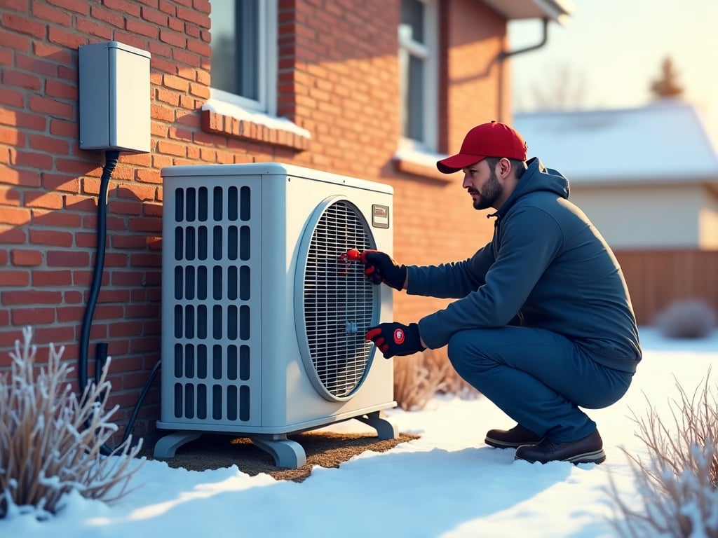 An HVAC technician performing heat pump repair near me on an outdoor unit beside a brick suburban home on a cold winter morning