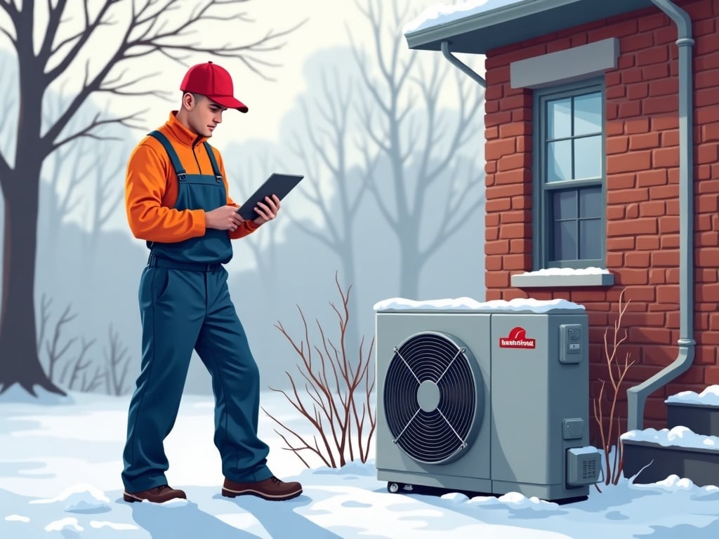An HVAC technician performing heat pump repair near me on an outdoor unit beside a brick suburban home on a cold winter morning