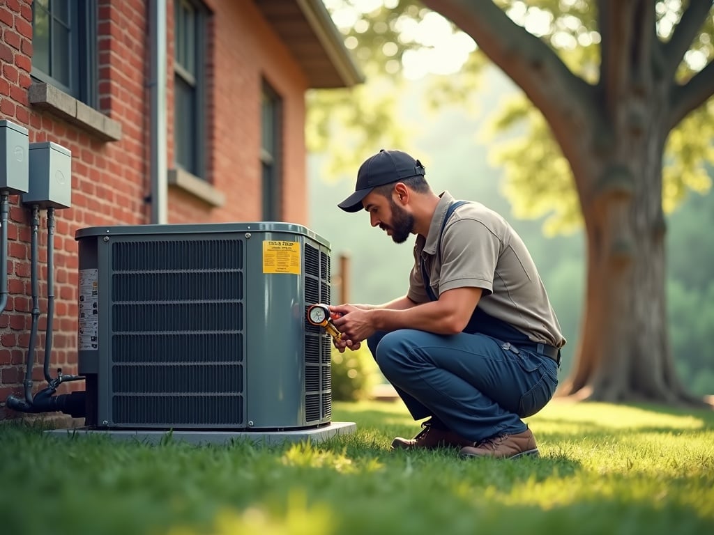 A certified hvac contractor philadelphia professional inspecting a residential AC unit beside a brick colonial home in a quiet suburban neighborhood.