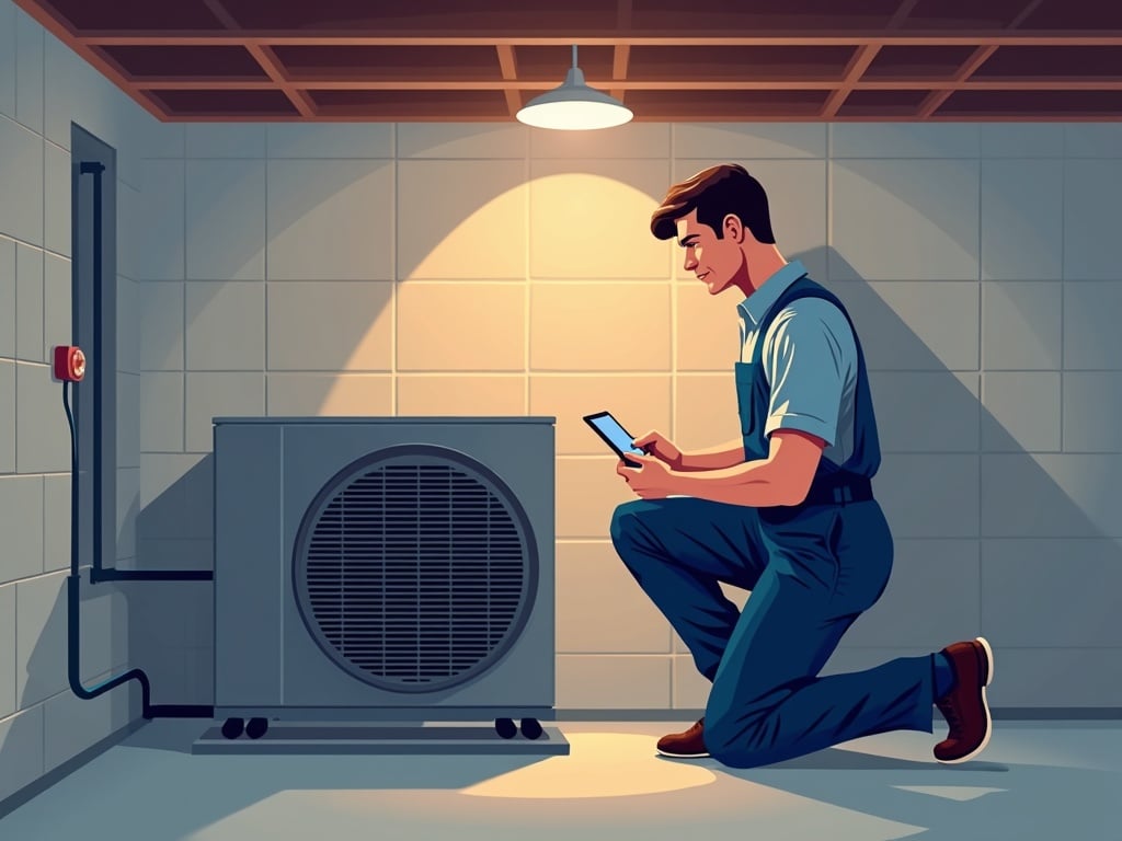 a licensed hvac repair contractor connecting a diagnostic tablet to a residential air handler during an hvac repairs service call