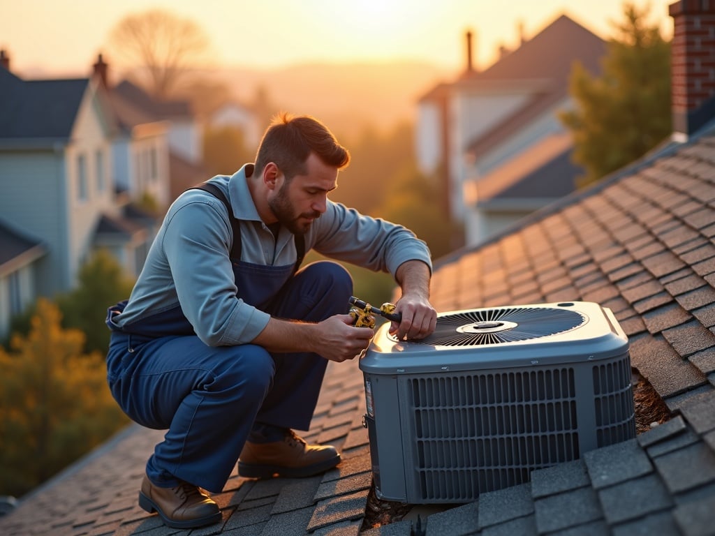 a licensed hvac repair contractor connecting a diagnostic tablet to a residential air handler during an hvac repairs service call