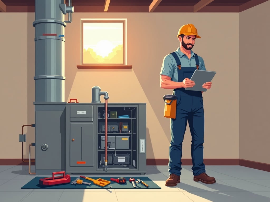a licensed hvac repair contractor connecting a diagnostic tablet to a residential air handler during an hvac repairs service call