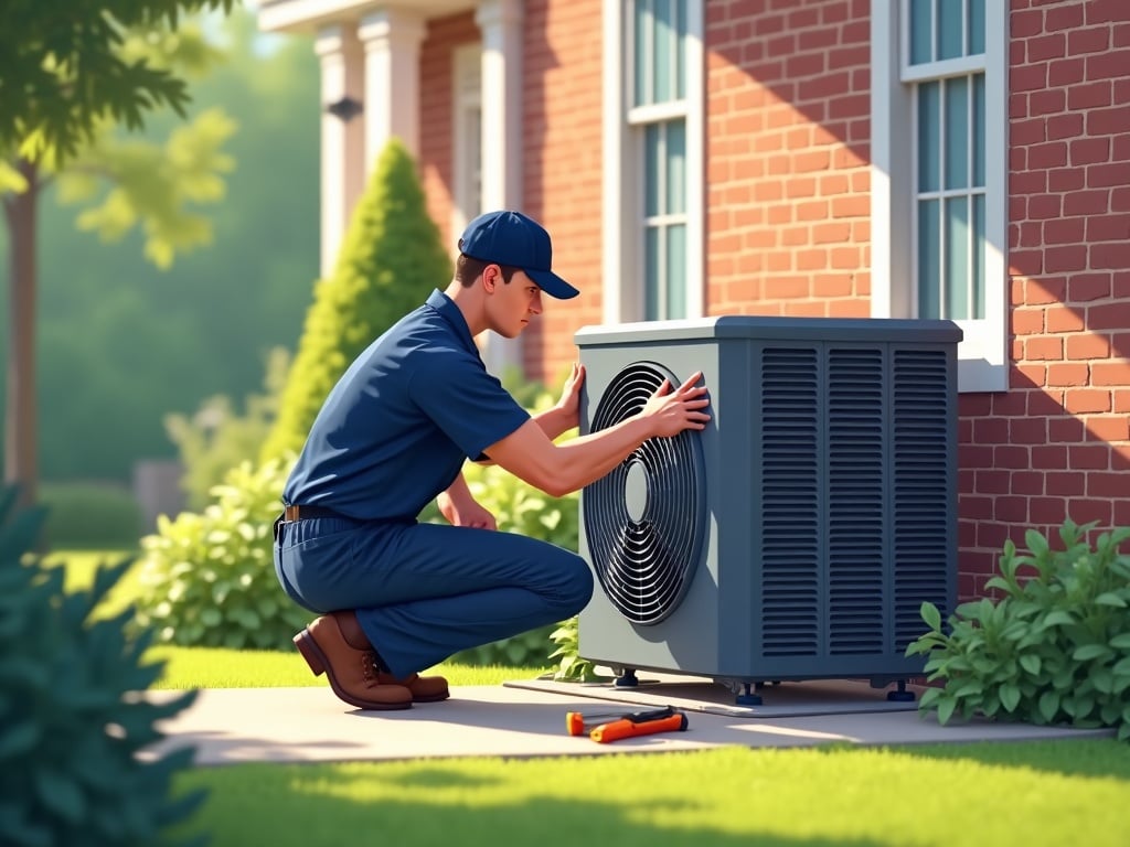 A certified hvac system replacement near me technician installing a high-efficiency AC unit on a brick colonial home in Drexel Hill on a bright spring morning