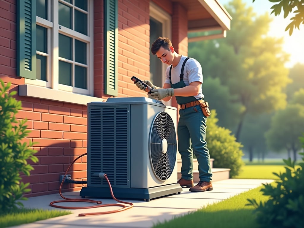 A certified hvac system replacement near me technician installing a high-efficiency AC unit on a brick colonial home in Drexel Hill on a bright spring morning